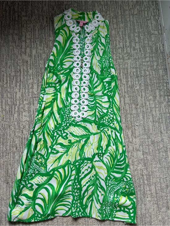 Lilly Pulitzer Dresses & Skirts - Lilly Pulitzer Green and White Tropical-Print Midi Dress with Decorative Trim